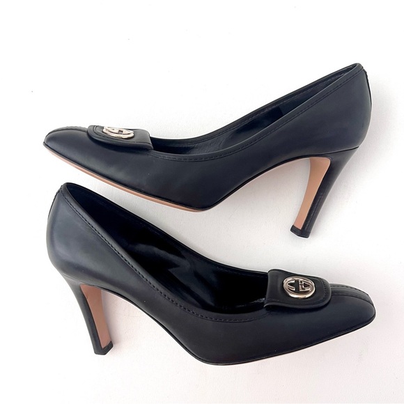 GUCCI | Black Leather GG Interlocking Logo Square Toe Pumps Heels Vintage US 8 - Picture 9 of 14